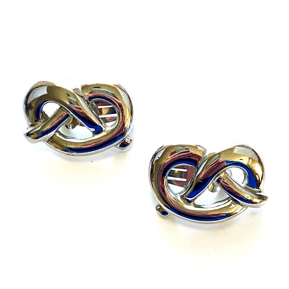 Vintage Pretzel Knot Clip On Earrings Silver Tone Mirror Shine Chunky Boho-Chic
